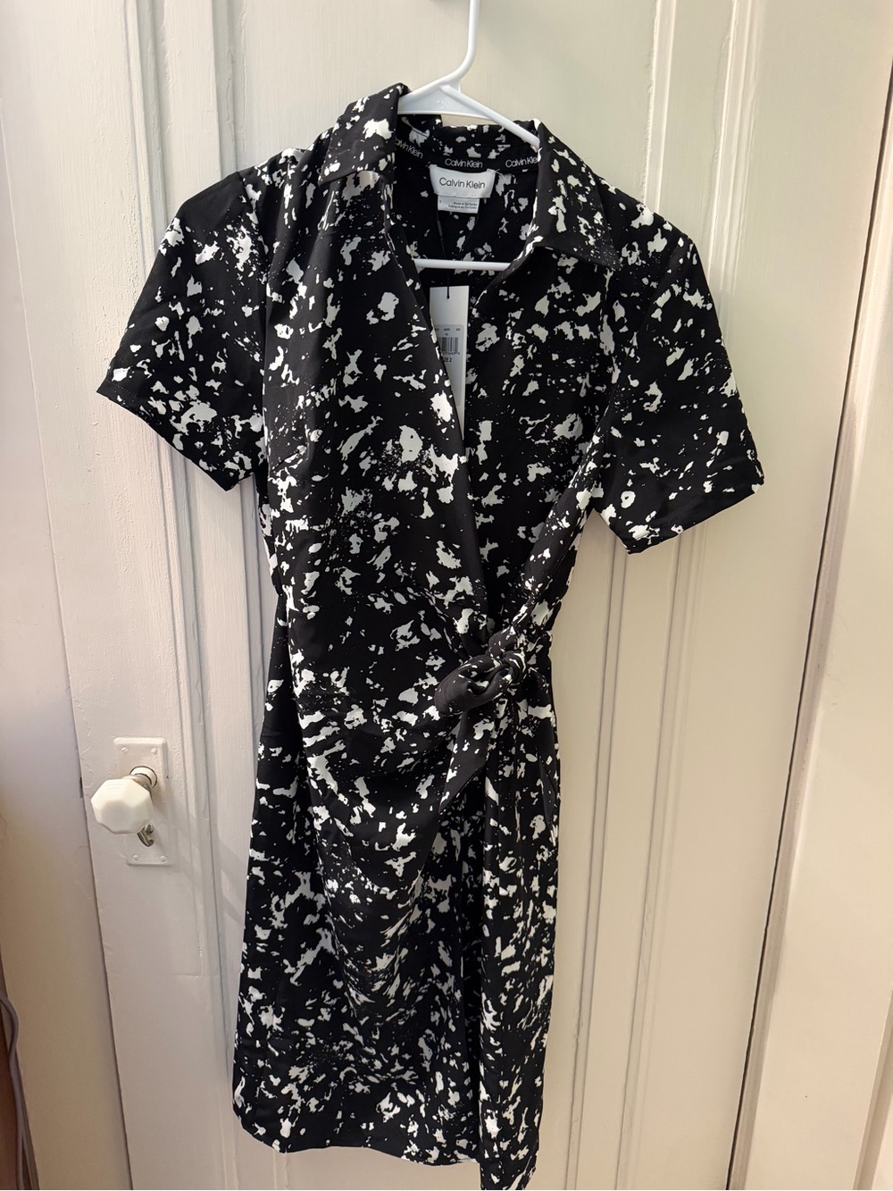 Calvin Klein Black and White Abstract Wrap Midi Dress